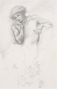 Tutkimus kukkulakeijusta "Arthur in Avalonissa", 1885 tekijältä Edward Burne Jones