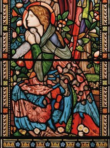 Marian ilmestys, noin 1860 (lasimaalauksia) tekijältä Edward Burne Jones
