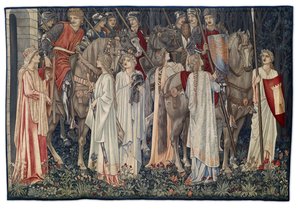 Ritarien aseistautuminen ja lähtö, taiteilijan suunnittelema ja Morris & Co.:n kutoma kuvakudos, 1895-96 tekijältä Edward Burne Jones