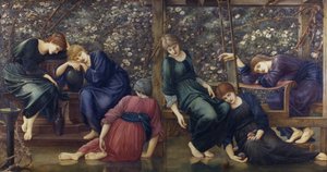 The Garden Court, Briar Rose -sarjasta, n. 1894 (öljy kankaalle) tekijältä Edward Burne Jones