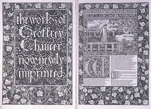 Nimisivu ja avaussivu Kelmscott Press -julkaisusta "The Works of Geoffrey Chaucer", 1896 tekijältä Edward Burne Jones