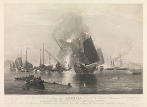 The Hon. E.I. Co. Iron Steam Ship Nemesis, ... with boats of Sulphur, Calliope, Larne and Starling, destroying the Chinese War Junks, in Anson