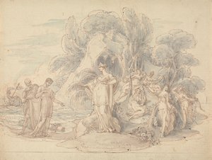 Telemachus ja mentori laskeutuvat Calypson saarelle tekijältä Edward Francis Burney