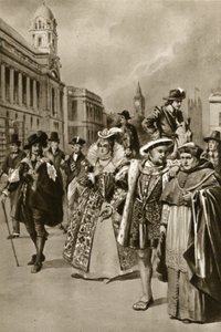 Lontoon kadut: Kuningas Kaarle I, kuningatar Elisabet I, kuningas Henrik VIII, kardinaali Wolsey (litografia). tekijältä Edward Frederick Skinner