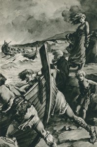 Viikingit, jotka purjehtivat Norjan vuonoista ja löysivät Amerikan kauan ennen Kolumbusta (litografia).