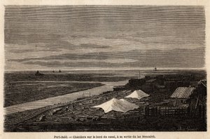 Port Saidin telakat Suezin kanavan reunalla, sen uloskäynnin kohdalla Menzaleh-järvestä. Grenet on piirtänyt Paul Merruaun vuonna 1862 tekemän retken Suezin kanavalle. Kaiverrus kirjassa "" Le tour du monde", toimittanut Edouard Charton tekijältä Edward Grenet