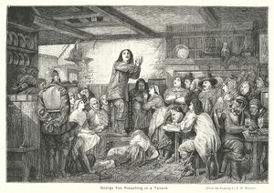 George Fox saarnaa tavernassa (kaiverrus) tekijältä Edward Henry (after) Wehnert