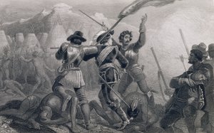 The Pequod War, 1636, julkaisusta "The History of the United States", osa. Minä, Charles Mackay, kaiverrus James Charles Armytage (n. 1820-97) tekijältä Edward Henry Corbould