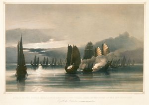 Hyökkäys Chuiapoon merirosvolaivueeseen Tysamin edustalla Kiinassa 28. syyskuuta 1849, 1800-luvun puoliväli (litografia). tekijältä Edward Hodges Cree