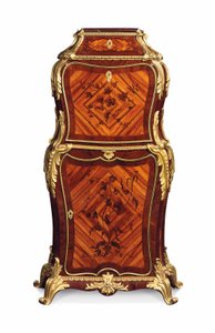 Petit Secretaire abattant, n. 1860 (ormolu kingwoodilla, tulppaanipuulla ja amaranttimarquetterilla) tekijältä Edward Holmes Baldock