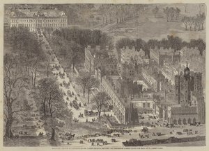 Lintuperspektiivistä näkymä Buckinghamiin ja St Jamesin palatsiin, pitkin kulkevaa kulkuetta pureskelemassa? tekijältä Edward Hull