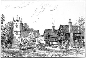 Cliffordin kirkko ja vanha talo, Stratford-upon-Avon, Warwickshire, 1885. tekijältä Edward Hull
