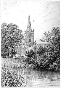 Stratfordin kirkko joelta katsottuna, Stratford-upon-Avon, Warwickshire, 1885. tekijältä Edward Hull