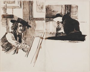 Whistler piirtää Poynteria, takakuva miehestä, joka istuu pöydän ääressä lähellä sytytettyä lamppua, 1860. tekijältä Edward John Poynter