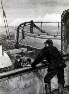 The Arctic Expedition - "Varoitus" lähellä Holsteinborgia, Grönlanti: Sternpost Cutter of Iceboat on Skids, julkaistu The Graphicissa, kaivertanut J. Nash, 1875 tekijältä Edward Lawton Moss