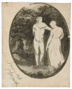 Pariskunta metsäisessä maisemassa soikeassa (verso), c. 1838-1848 (muste ja pesu paperille) tekijältä Edward Lear