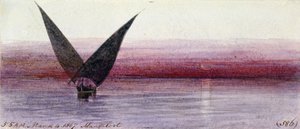 Egyptiläinen vene Niilillä Manfalootissa (Egypti). Värillinen akvarellipiirustus tekijältä Edward Lear