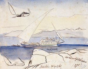 Egyptiläinen dhow Niilillä, lähellä Shetaalia (Egypti). Värillinen akvarellipiirros tekijältä Edward Lear