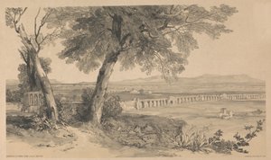 Rooman maaseutu Villa Matteista nähtynä, teoksesta ”Näkymiä Roomasta ja sen ympäristöstä”, 1841 tekijältä Edward Lear