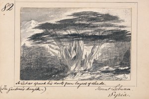 Kuvitus Tennysonin runoon ”The Gardener’s Daughter”: Libanonvuori, Syyria – ”Setri levitti tummanvihreät varjokerroksensa” tekijältä Edward Lear
