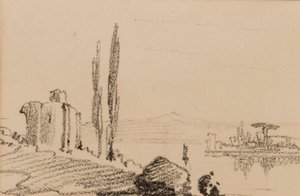 Italialainen capriccio, n. 1837 (musta liitu paperille) tekijältä Edward Lear