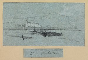 Palermo, Views of Sicily (liitu ja guassi sinisellä paperilla) tekijältä Edward Lear