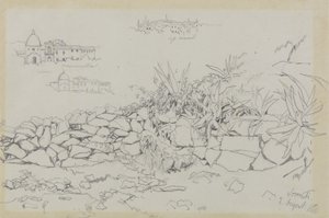 Sorrento, 2. elokuuta 1838 (grafiitti harmaalla kudottupaperilla) tekijältä Edward Lear