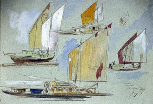 Tutkimuksia venetsialaisista veneistä täydessä purjehduksessa. Edward Learin (1812-1888) värillinen akvarellipiirustus. tekijältä Edward Lear