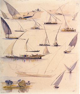 Tutkimukset erilaisista egyptiläisistä veneistä. Värillinen akvarellipiirustus tekijältä Edward Lear