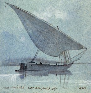 Tutkimus gyasi (egyptiläinen vene) Malatiehin (tai Malatian, Egypti) lähellä. Värillinen akvarellipiirustus tekijältä Edward Lear