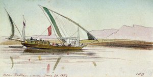Tutkimus gyassista (egyptiläinen vene) Niilillä lähellä Ballasia (Egypti). Värillinen akvarellipiirustus tekijältä Edward Lear