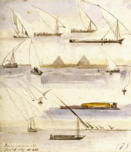 Tutkimus erilaisista egyptiläisistä veneistä (Dahabeeyahit ja Gyassis), sivun keskellä on kohtaus Gizan (Kairo) pyramidien edessä. tekijältä Edward Lear