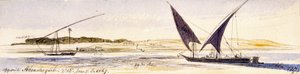 Niilin ja sen rantojen laajuus, kaksi perinteistä egyptiläistä venettä, mukaan lukien Dahabeeya. Värillinen akvarellipiirros tekijältä Edward Lear
