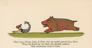 Siellä oli Claren nuori nainen, jota karhu jahtasi mielettömästi "A Book of Nonsense" -kirjasta, jonka julkaisija Frederick Warne and Co., Lontoo, noin 1875 tekijältä Edward Lear