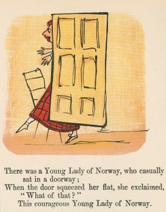 Siellä oli eräs Norjan nuori nainen, joka istui rennosti ovella, kirjasta "A Book of Nonsense", jonka julkaisija Frederick Warne and Co., Lontoo, noin 1875 tekijältä Edward Lear