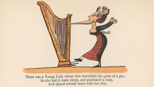 Siellä oli nuori nainen, jonka leuka muistutti neulan kärkeä kirjasta "A Book of Nonsense", julkaisija Frederick Warne and Co., Lontoo, noin 1875