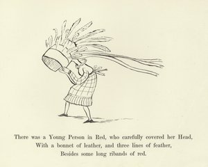 Siellä oli nuori punapukuinen henkilö, joka peitti huolellisesti päänsä tekijältä Edward Lear
