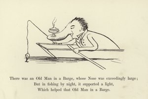 Proomussa oli vanha mies, jonka nenä oli tavattoman suuri tekijältä Edward Lear