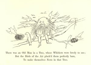 Siellä oli vanha mies puussa, jonka viikset oli ihana nähdä tekijältä Edward Lear