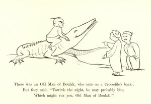 Siellä oli Boulakin vanha mies, joka istui krokotiilin selässä tekijältä Edward Lear