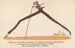 Siellä oli Coblenzin vanha mies, jonka jalkojen pituus oli valtava, kirjasta "A Book of Nonsense", jonka julkaisi Frederick Warne and Co., Lontoo, noin 1875 tekijältä Edward Lear