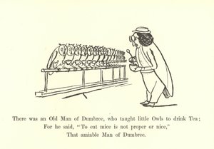 Siellä oli Dumbreen vanha mies, joka opetti pieniä pöllöjä juomaan teetä tekijältä Edward Lear