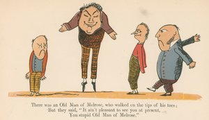Siellä oli Melrosen vanha mies, joka käveli varpaidensa päällä. Kirjasta "A Book of Nonsense", jonka julkaisija Frederick Warne and Co., Lontoo, noin 1875 tekijältä Edward Lear