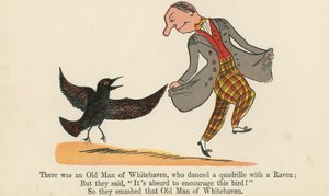 Siellä oli Whitehavenin vanha mies, joka tanssi quadrillea korpin kanssa "A Book of Nonsense", jonka julkaisija Frederick Warne and Co., Lontoo, noin 1875