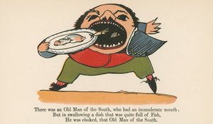 Siellä oli Etelän vanha mies, jolla oli kohtuuton suu, kirjasta "A Book of Nonsense", jonka julkaisija Frederick Warne and Co., Lontoo, noin 1875 tekijältä Edward Lear