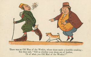 Siellä oli vanha mies, jonka kengät vinkuvat kamalasti. Kirjasta "A Book of Nonsense", jonka on julkaissut Frederick Warne and Co., Lontoo, noin 1875 tekijältä Edward Lear