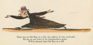 Olipa kukkulalla vanha mies, joka harvoin, jos koskaan, seisoi paikallaan, Frederick Warne and Co:n julkaisemasta "A Book of Nonsense", Lontoo, n. 1875. tekijältä Edward Lear
