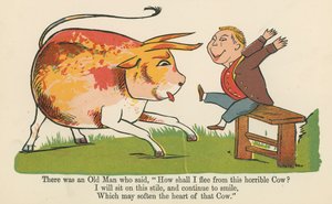 Siellä oli vanha mies, joka sanoi: "Kuinka minä pakenen tätä kauheaa lehmää", "A Book of Nonsense", julkaisija Frederick Warne and Co., Lontoo, n. 1875 tekijältä Edward Lear