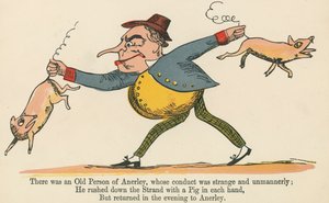 Siellä oli Anerleyn vanha henkilö, jonka käytös oli outoa ja epätavallista, kirjasta "A Book of Nonsense", jonka julkaisija Frederick Warne and Co., Lontoo, noin 1875