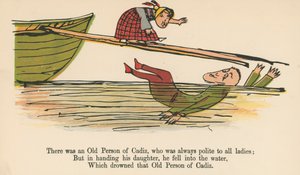 Olipa kerran eräs Cadizin vanha mies, joka oli aina kohtelias kaikkia naisia kohtaan, Frederick Warne and Co:n julkaisemasta "A Book of Nonsense", Lontoo, n. 1875. tekijältä Edward Lear